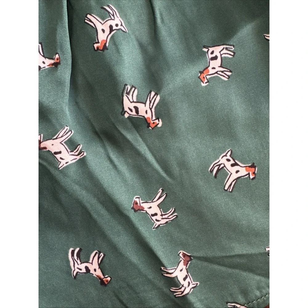 Anthropologie‎ Silky Pajama Sleep Short Size Small Green w Spotted Dog Lyrebird
